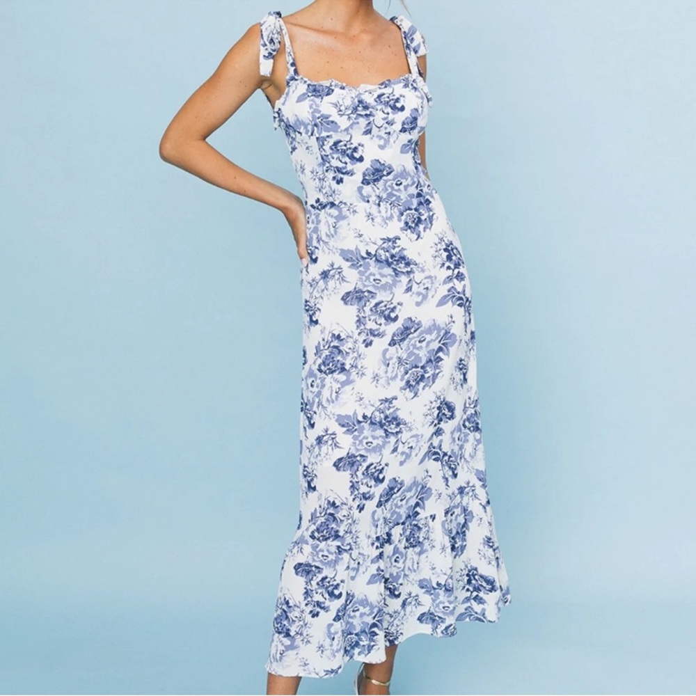 O.P.T. Toile De Jouy Floral Blue and White Women's Dress NWT